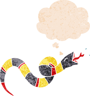 Düşünce baloncuklu çizgi film tıslayan yılan bir insan tarafından çizilmiş dertli retro tarzı