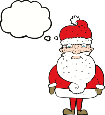 Huysuz Noel Baba çizgi filmi. Düşünce baloncuğu insan tarafından çizilmiş.