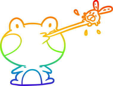 Gökkuşağı gradyan çizgisi bir insan tarafından çizilmiş dille sineği yakalayan şirin bir kurbağanın çizimi