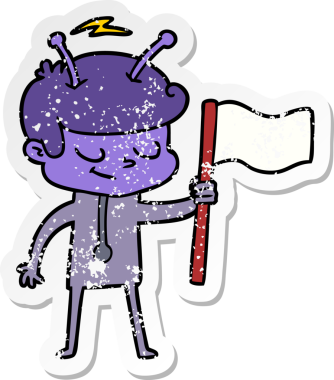 Bir insan tarafından çizilmiş beyaz bayrağı olan dost canlısı bir uzay adamının sıkıntılı çıkartması.