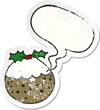 Konuşma balonlu karikatür pudingi bir insan tarafından çizilmiş sıkıntılı eski bir çıkartma