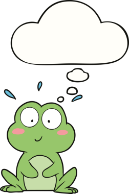 Bir insan tarafından çizilmiş düşünce baloncuklu şirin bir kurbağa.