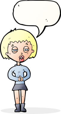 Bir insan tarafından çizilmiş konuşma balonlu şüpheli kız çizgi filmi.