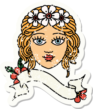 Bir insan tarafından çizilmiş çiçek taçlı bayrak takılmış eski bir çıkartma.