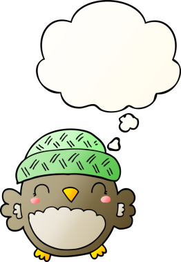 Bir insan tarafından çizilmiş yumuşak eğimli düşünce baloncuklu şapkalı sevimli çizgi film baykuşu.