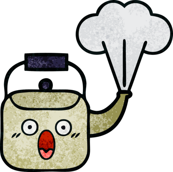 Bir insan tarafından çizilen dumanı tüten bir çaydanlığın retro grunge desenli karikatürü