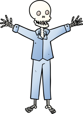 Bir insan tarafından çizilmiş pijama giymiş bir iskelet.