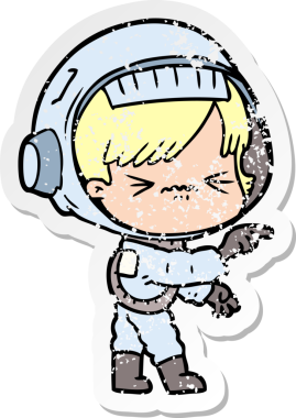 Bir insan tarafından çizilmiş karikatür astronot kadının sıkıntılı çıkartması.