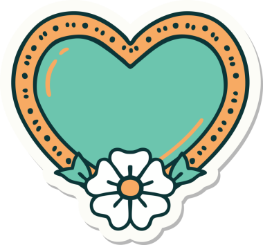 Bir insan tarafından çizilmiş geleneksel bir kalp ve çiçek stiliyle dövme çıkartması.