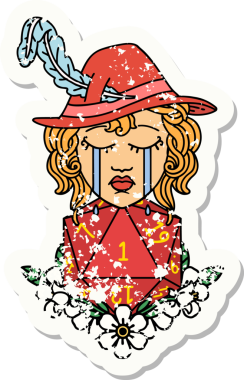 Ağlayan bir insan ozanın grunge etiketi. Doğal bir D20 zarla bir insan tarafından çizilmiş.