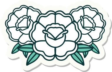 Bir insan tarafından çizilmiş bir buket çiçeğin geleneksel stiliyle dövme çıkartması.