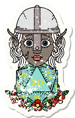 Retro Tattoo stili elf dövüşçüsü. Bir insan tarafından çizilmiş 20 zar ile.