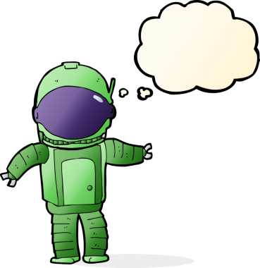 Bir insan tarafından çizilmiş düşünce baloncuklu astronot.