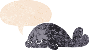 Bir insan tarafından çizilmiş grunge dertli retro desenli konuşma baloncuklu sevimli karikatür fok