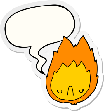 Bir insan tarafından çizilmiş konuşma kabarcığı çıkartmalı mutsuz bir alev çizgi filmi.