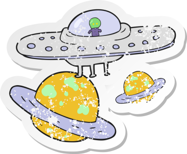 Bir insan tarafından çizilmiş, uzayda uçan daire desenli bir çizgi film çıkartması.