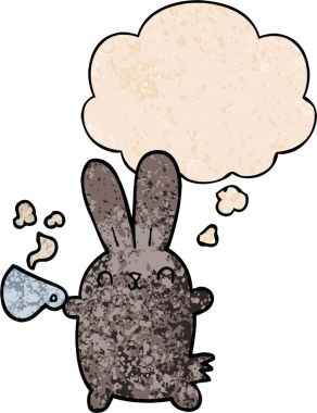 Bir insan tarafından çizilmiş grunge desenli düşünce baloncuklu kahve fincanıyla sevimli çizgi film tavşanı.