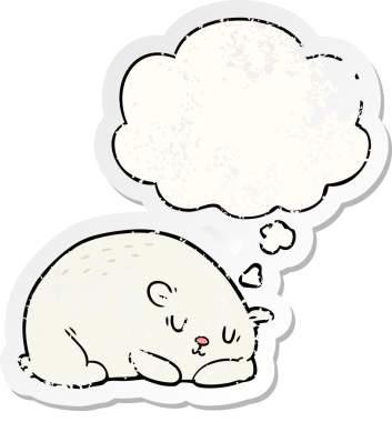 Karikatür kutup ayısı. Düşünce baloncuğu insan tarafından çizilmiş yıpranmış bir çıkartma.