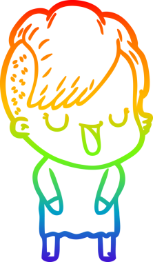 Gökkuşağı gradyan çizimi. Hipster saç kesimi bir insan tarafından çizilmiş şirin bir çizgi film kızı.