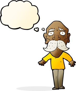 Bir insan tarafından çizilmiş düşünce baloncuğu olan üzgün yaşlı bir adam.