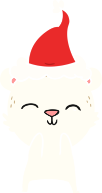 Bir insan tarafından çizilmiş Noel Baba şapkası giyen bir kutup ayısının düz renkli çizimi.