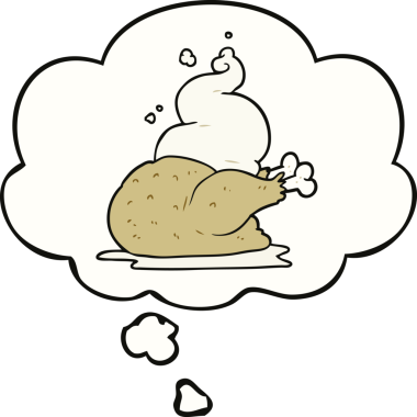 Bir insan tarafından çizilmiş düşünce baloncuğu ile pişirilmiş tavuk.
