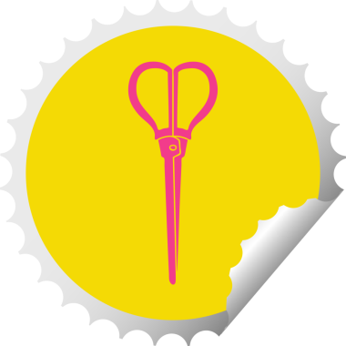 Bir insan tarafından çizilmiş dairesel soyma etiketi, tuhaf çizgi film makası.