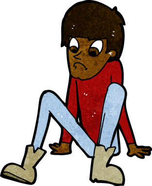 Bir insan tarafından çizilmiş yerde oturan çizgi film çocuğu.