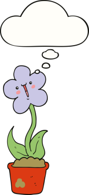 Bir insan tarafından çizilmiş düşünce baloncuğu olan sevimli bir karikatür çiçeği.