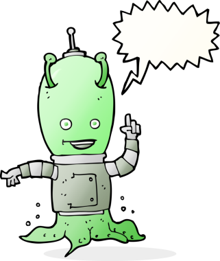 Bir insan tarafından çizilmiş konuşma balonu olan uzaylı uzay adamı çizgi filmi.