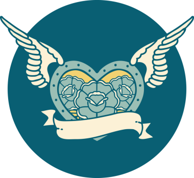 Bir insan tarafından çizilmiş çiçek ve bayrak ile uçan bir kalbin ikonik dövme görüntüsü