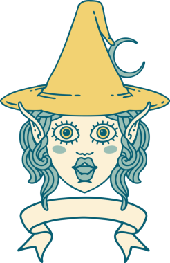 Retro Dövme Biçimi Elf karakteri yüzü bir insan tarafından çizilmiş pankartıyla