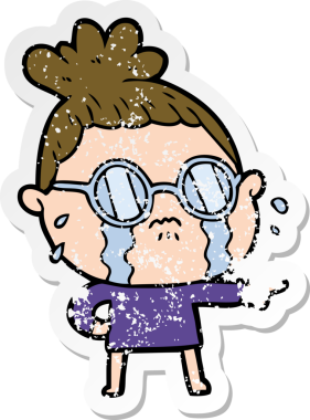 Bir insan tarafından çizilmiş gözlüklü, ağlayan bir karikatür çıkartması.