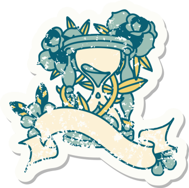 Bir saat bardağı ve bir insan tarafından çizilmiş çiçekli eski bir etiket.