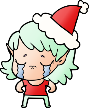 Bir insan tarafından çizilmiş Noel Baba şapkası giymiş ağlayan bir elf kızının el çizimi karikatürü