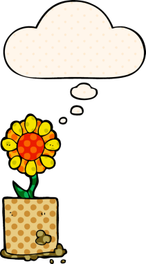 Bir insan tarafından çizilmiş, düşünce baloncuklu çizgi film çiçeği.