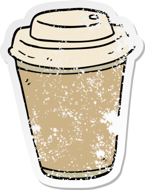 Bir insan tarafından çizilmiş karikatür kahve fincanının sıkıntılı çıkartması.