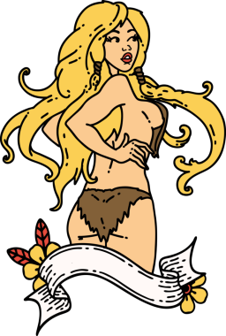 Geleneksel stil dövmeli bir Viking kızı pankartıyla bir insan tarafından çizilmiş.