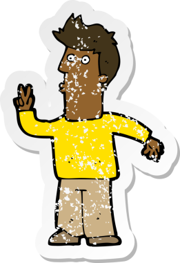 Bir insan tarafından çizilmiş barış işareti veren bir çizgi film karakterinin gerilimli retro yapıştırması