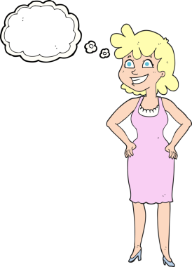 Düşünce baloncuğu çizimi, mutlu kadın bir insan tarafından çizilmiş elbise.