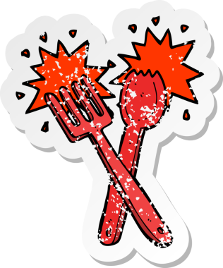 Bir insan tarafından çizilmiş karikatür çatal bıçak setinin gerilimli retro etiketi