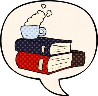 Çizgi roman tarzında bir insan tarafından çizilmiş konuşma balonlu çizgi roman ve kahve fincanı.