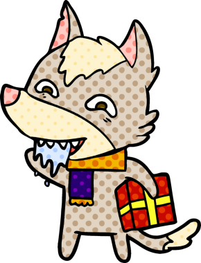 Çizgi film aç kurt elinde bir insan tarafından çizilmiş Noel hediyesini tutuyor.