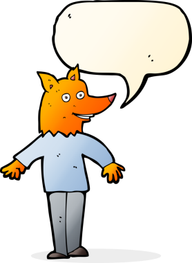 Bir insan tarafından çizilmiş konuşma balonlu mutlu tilki adam.