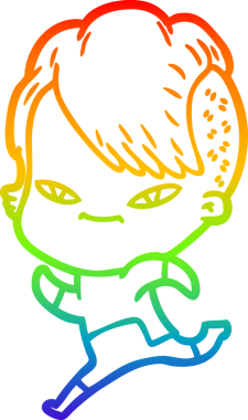 Gökkuşağı gradyan çizimi. Hipster saç kesimi bir insan tarafından çizilmiş şirin bir çizgi film kızı.