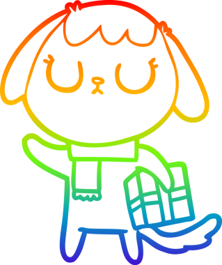 Gökkuşağı gradyan çizimi. Bir insan tarafından çizilmiş Noel hediyeli şirin bir çizgi köpek çizimi.