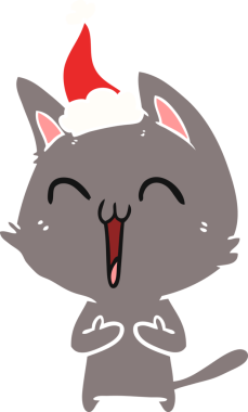 Bir insan tarafından çizilmiş Noel Baba şapkası takan bir kedinin düz renk çizimi.