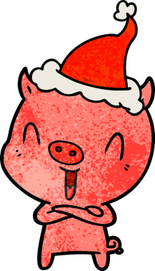 Mutlu el çizimi bir insan tarafından çizilmiş Noel Baba şapkası takan bir domuzun çizgi filmi.