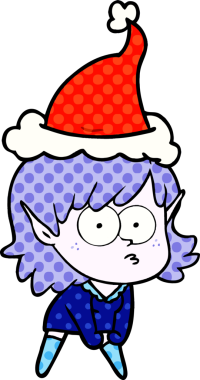 Elle çizilmiş çizgi roman tasviri, bir insan tarafından çizilmiş Noel Baba şapkası giymiş, dik dik bakan bir elf kızı tasviri.