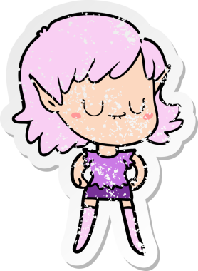 Bir insan tarafından çizilmiş mutlu bir elf kızının sıkıntılı çıkartması.